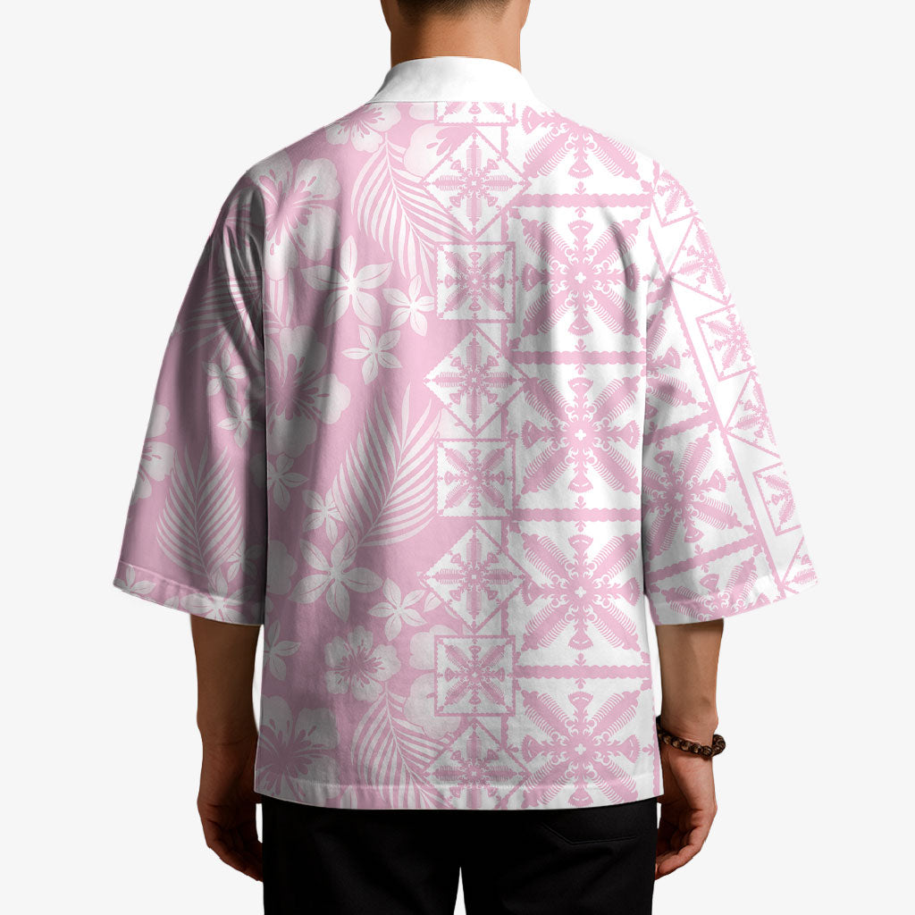 Pastel Pink Kahili Quilt Hawaii Kimono Tropical Flower Seamless Half Style
