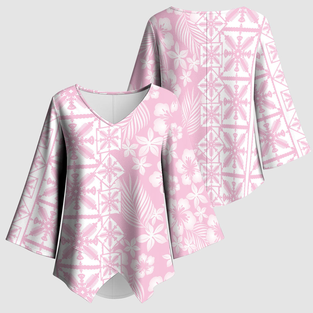 Pastel Pink Kahili Quilt Hawaii Kimono Sleeve Blouse Tropical Flower Seamless Half Style