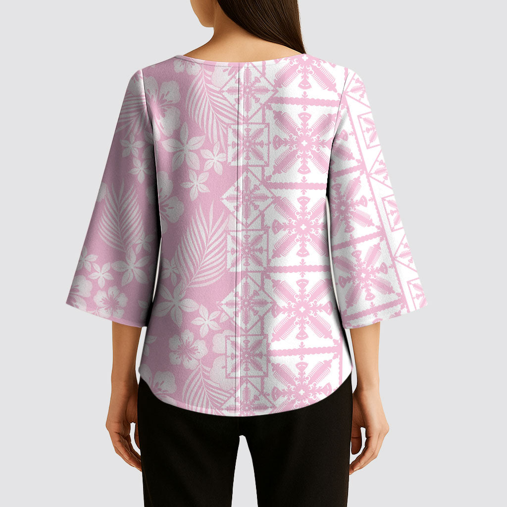 Pastel Pink Kahili Quilt Hawaii Kimono Sleeve Blouse Tropical Flower Seamless Half Style