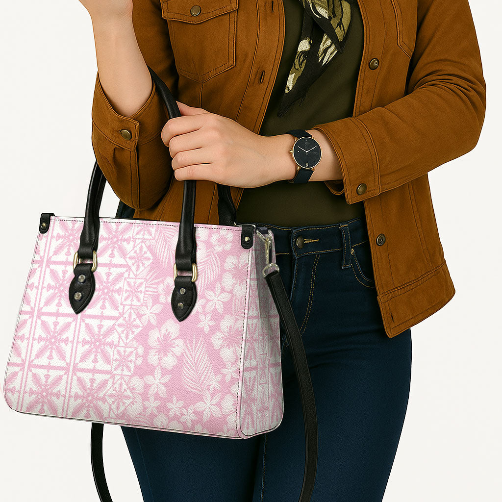Pastel Pink Kahili Quilt Hawaii Leather Bag Tropical Flower Seamless Half Style