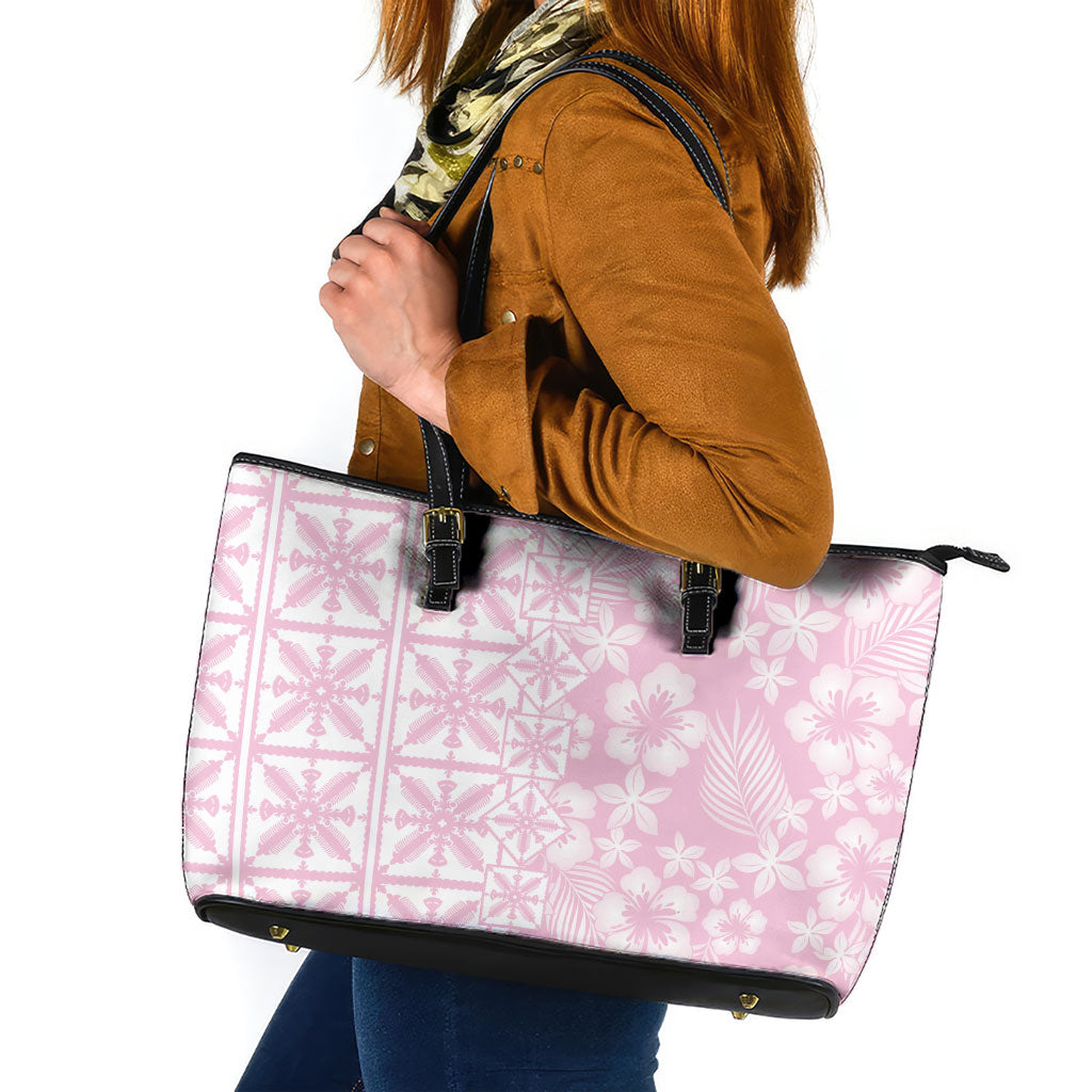 Pastel Pink Kahili Quilt Hawaii Leather Tote Bag Tropical Flower Seamless Half Style