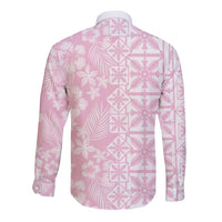 Pastel Pink Kahili Quilt Hawaii Long Sleeve Button Shirt Tropical Flower Seamless Half Style