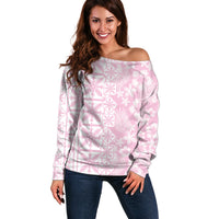 Pastel Pink Kahili Quilt Hawaii Off Shoulder Sweater Tropical Flower Seamless Half Style