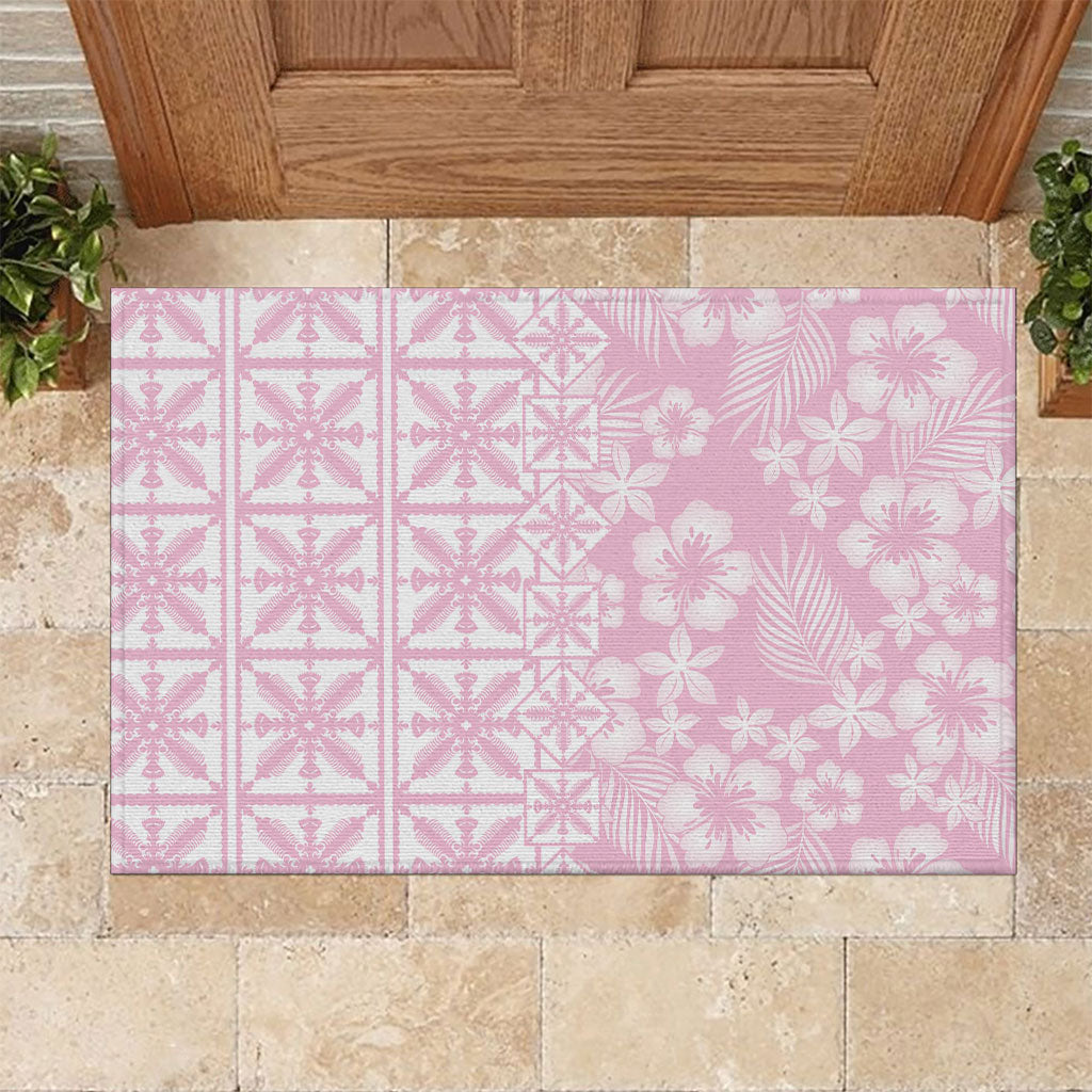 Pastel Pink Kahili Quilt Hawaii Rubber Doormat Tropical Flower Seamless Half Style