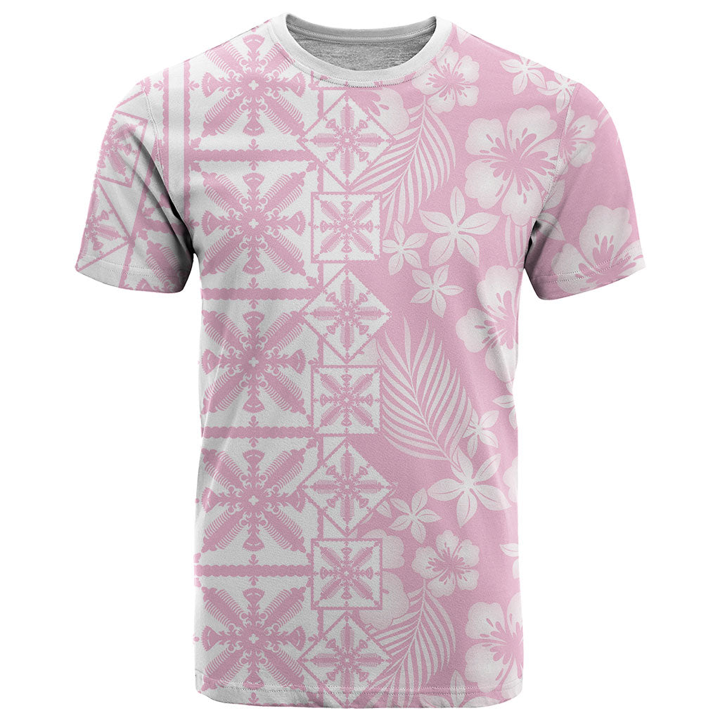 Pastel Pink Kahili Quilt Hawaii T Shirt Tropical Flower Seamless Half Style