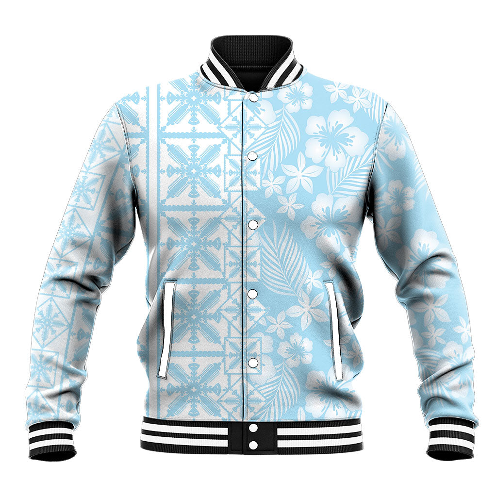 Pastel Blue Kahili Quilt Hawaii Baseball Jacket Tropical Flower Seamless Half Style