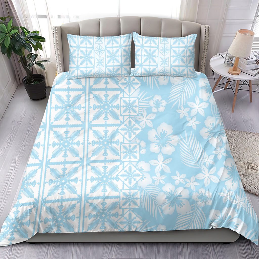 Pastel Blue Kahili Quilt Hawaii Bedding Set Tropical Flower Seamless Half Style