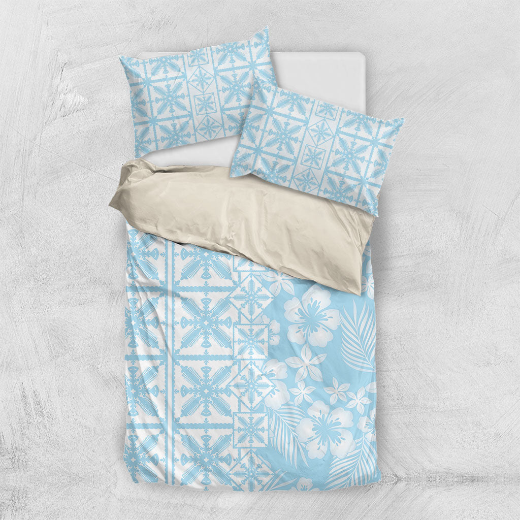 Pastel Blue Kahili Quilt Hawaii Bedding Set Tropical Flower Seamless Half Style