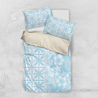 Pastel Blue Kahili Quilt Hawaii Bedding Set Tropical Flower Seamless Half Style