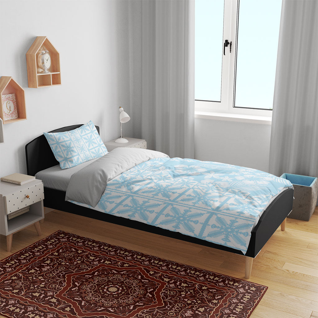 Pastel Blue Kahili Quilt Hawaii Bedding Set Tropical Flower Seamless Half Style