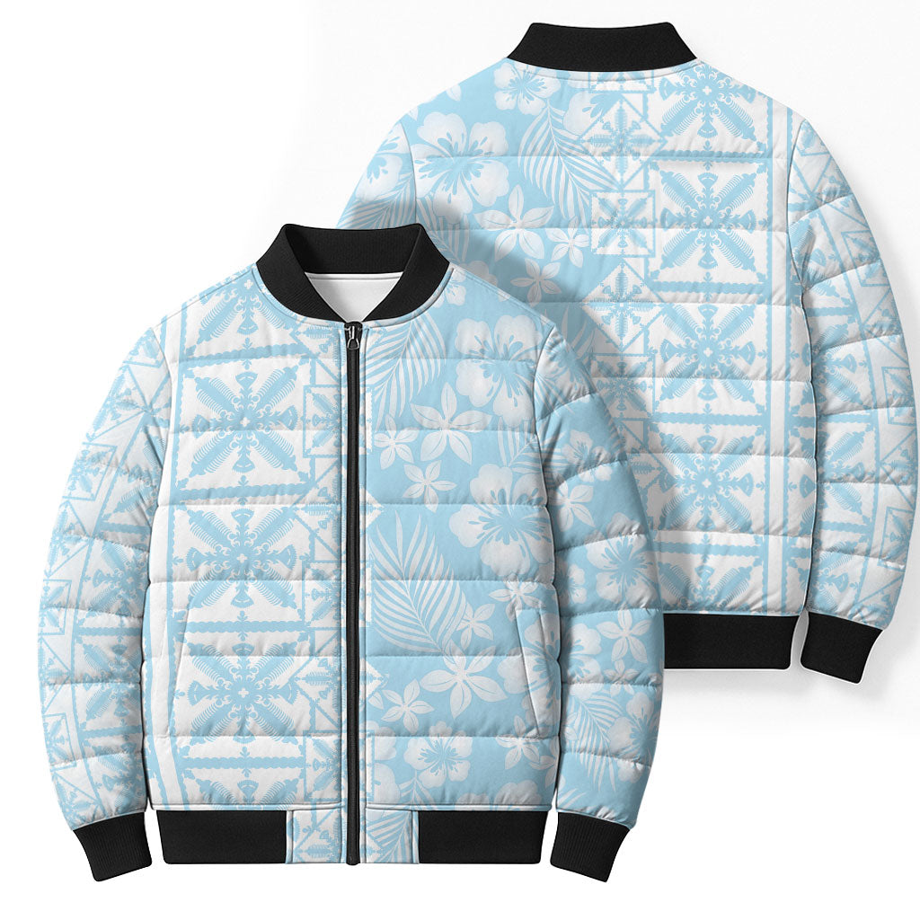 Pastel Blue Kahili Quilt Hawaii Bomber Puffer Jacket Tropical Flower Seamless Half Style