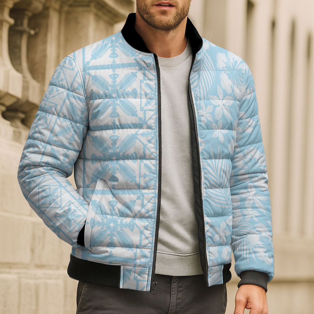 Pastel Blue Kahili Quilt Hawaii Bomber Puffer Jacket Tropical Flower Seamless Half Style