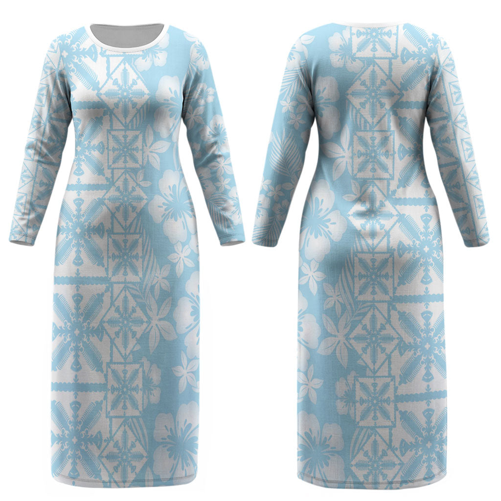 Pastel Blue Kahili Quilt Hawaii Couples Matching Long Sleeve Bodycon Dress and Hawaiian Shirt Tropical Flower Seamless Half Style LT14 - Polynesian Pride