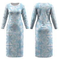 Pastel Blue Kahili Quilt Hawaii Couples Matching Long Sleeve Bodycon Dress and Hawaiian Shirt Tropical Flower Seamless Half Style LT14 - Polynesian Pride