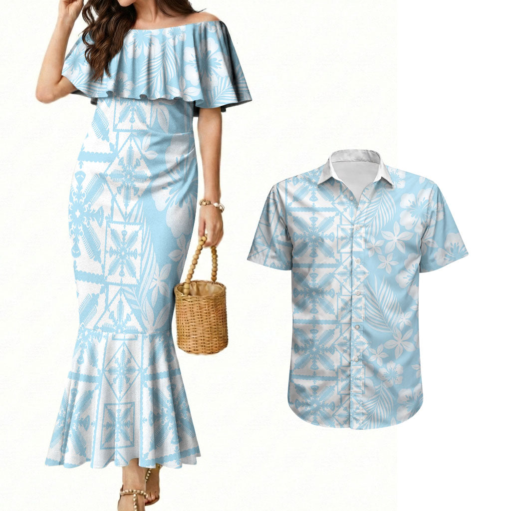 Pastel Blue Kahili Quilt Hawaii Couples Matching Mermaid Dress and Hawaiian Shirt Tropical Flower Seamless Half Style LT14 Blue - Polynesian Pride