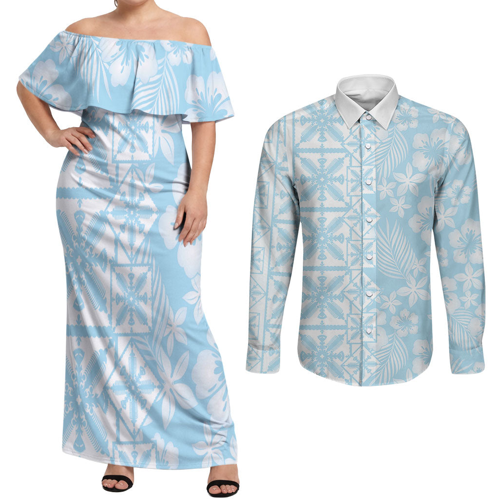 Pastel Blue Kahili Quilt Hawaii Couples Matching Off Shoulder Maxi Dress and Long Sleeve Button Shirt Tropical Flower Seamless Half Style LT14 Blue - Polynesian Pride