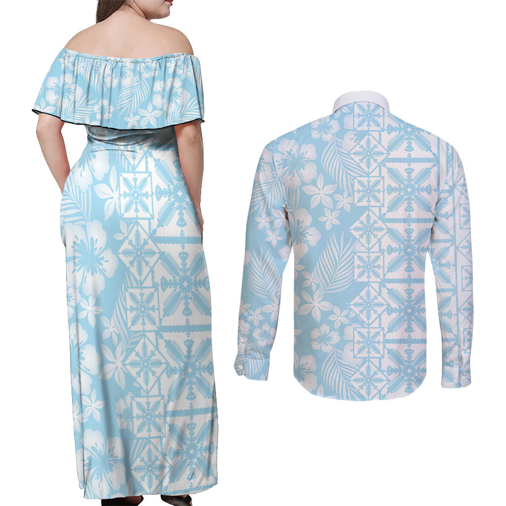 Pastel Blue Kahili Quilt Hawaii Couples Matching Off Shoulder Maxi Dress and Long Sleeve Button Shirt Tropical Flower Seamless Half Style