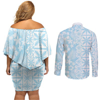 Pastel Blue Kahili Quilt Hawaii Couples Matching Off Shoulder Short Dress and Long Sleeve Button Shirt Tropical Flower Seamless Half Style