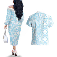 Pastel Blue Kahili Quilt Hawaii Couples Matching Off The Shoulder Long Sleeve Dress and Hawaiian Shirt Tropical Flower Seamless Half Style