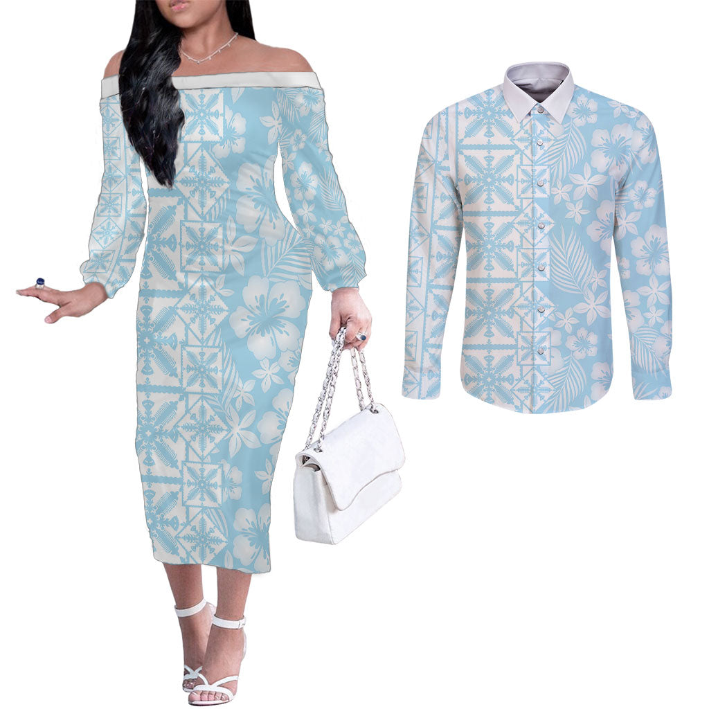 Pastel Blue Kahili Quilt Hawaii Couples Matching Off The Shoulder Long Sleeve Dress and Long Sleeve Button Shirt Tropical Flower Seamless Half Style