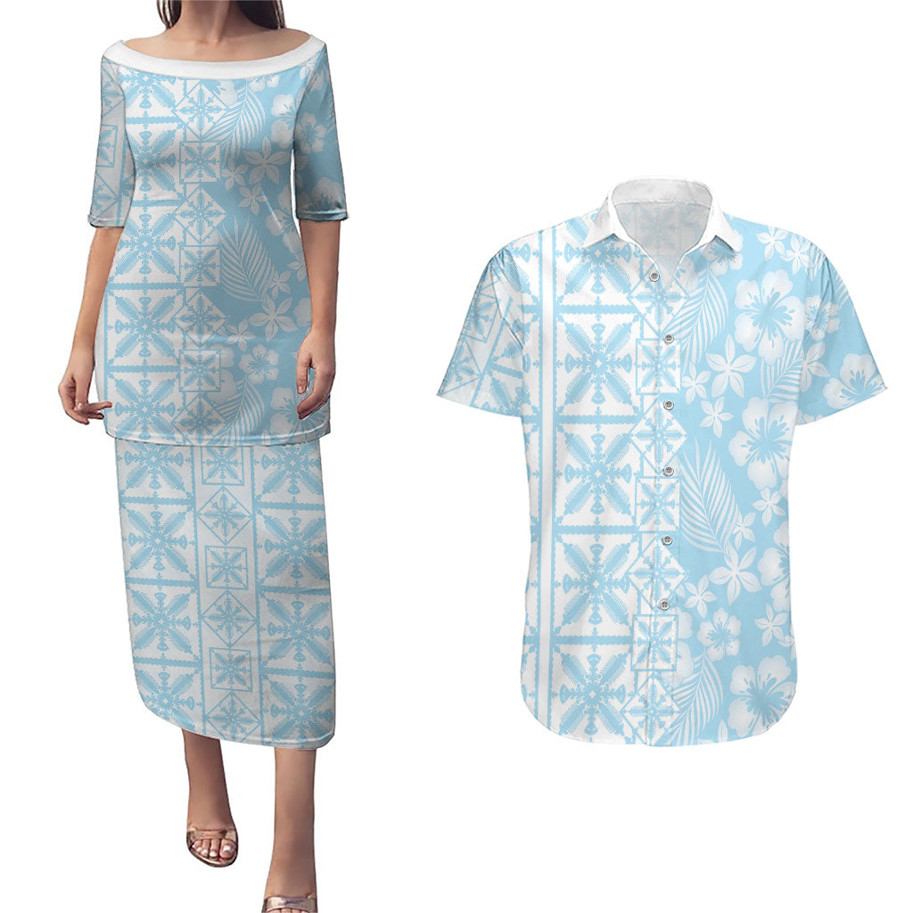 Pastel Blue Kahili Quilt Hawaii Couples Matching Puletasi and Hawaiian Shirt Tropical Flower Seamless Half Style