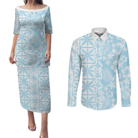 Pastel Blue Kahili Quilt Hawaii Couples Matching Puletasi and Long Sleeve Button Shirt Tropical Flower Seamless Half Style
