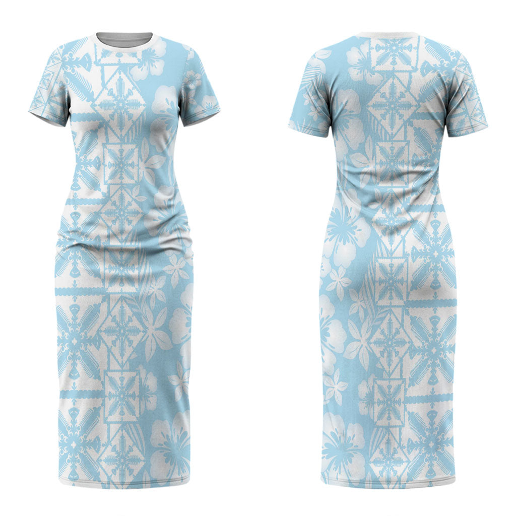 Pastel Blue Kahili Quilt Hawaii Couples Matching Short Sleeve Bodycon Dress and Hawaiian Shirt Tropical Flower Seamless Half Style LT14 - Polynesian Pride