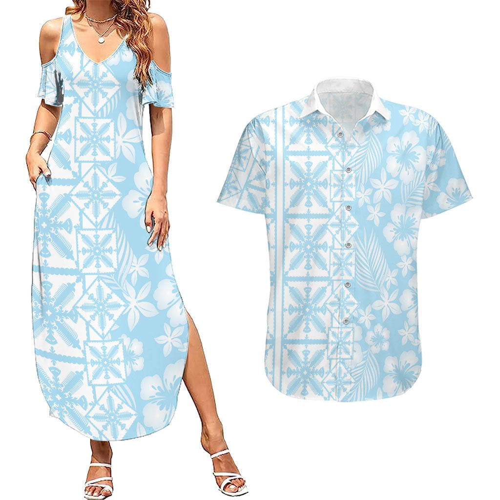 Pastel Blue Kahili Quilt Hawaii Couples Matching Summer Maxi Dress and Hawaiian Shirt Tropical Flower Seamless Half Style
