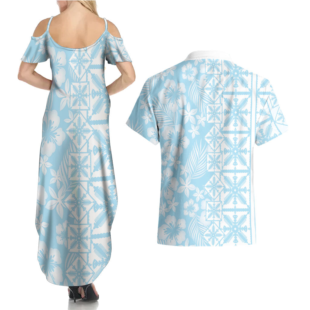 Pastel Blue Kahili Quilt Hawaii Couples Matching Summer Maxi Dress and Hawaiian Shirt Tropical Flower Seamless Half Style