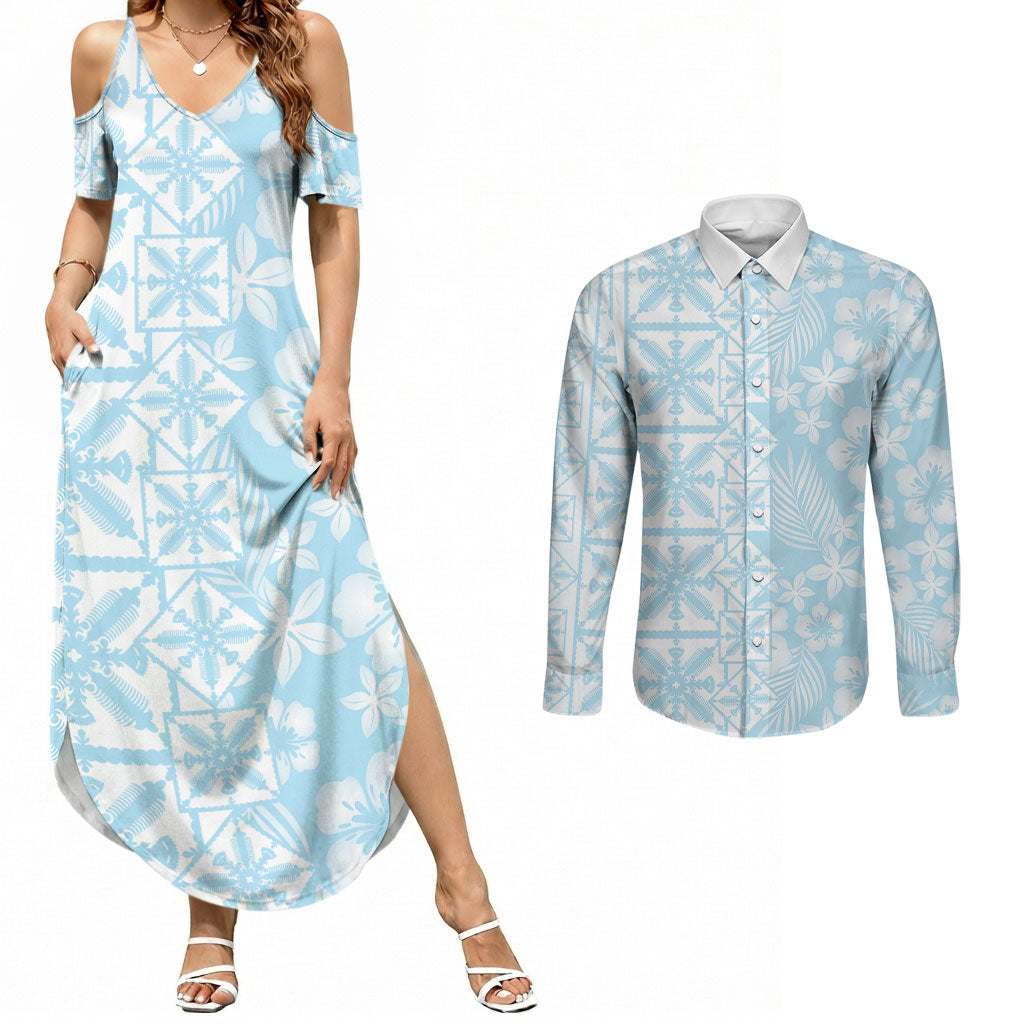 Pastel Blue Kahili Quilt Hawaii Couples Matching Summer Maxi Dress and Long Sleeve Button Shirt Tropical Flower Seamless Half Style LT14 Blue - Polynesian Pride