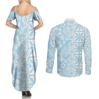 Pastel Blue Kahili Quilt Hawaii Couples Matching Summer Maxi Dress and Long Sleeve Button Shirt Tropical Flower Seamless Half Style