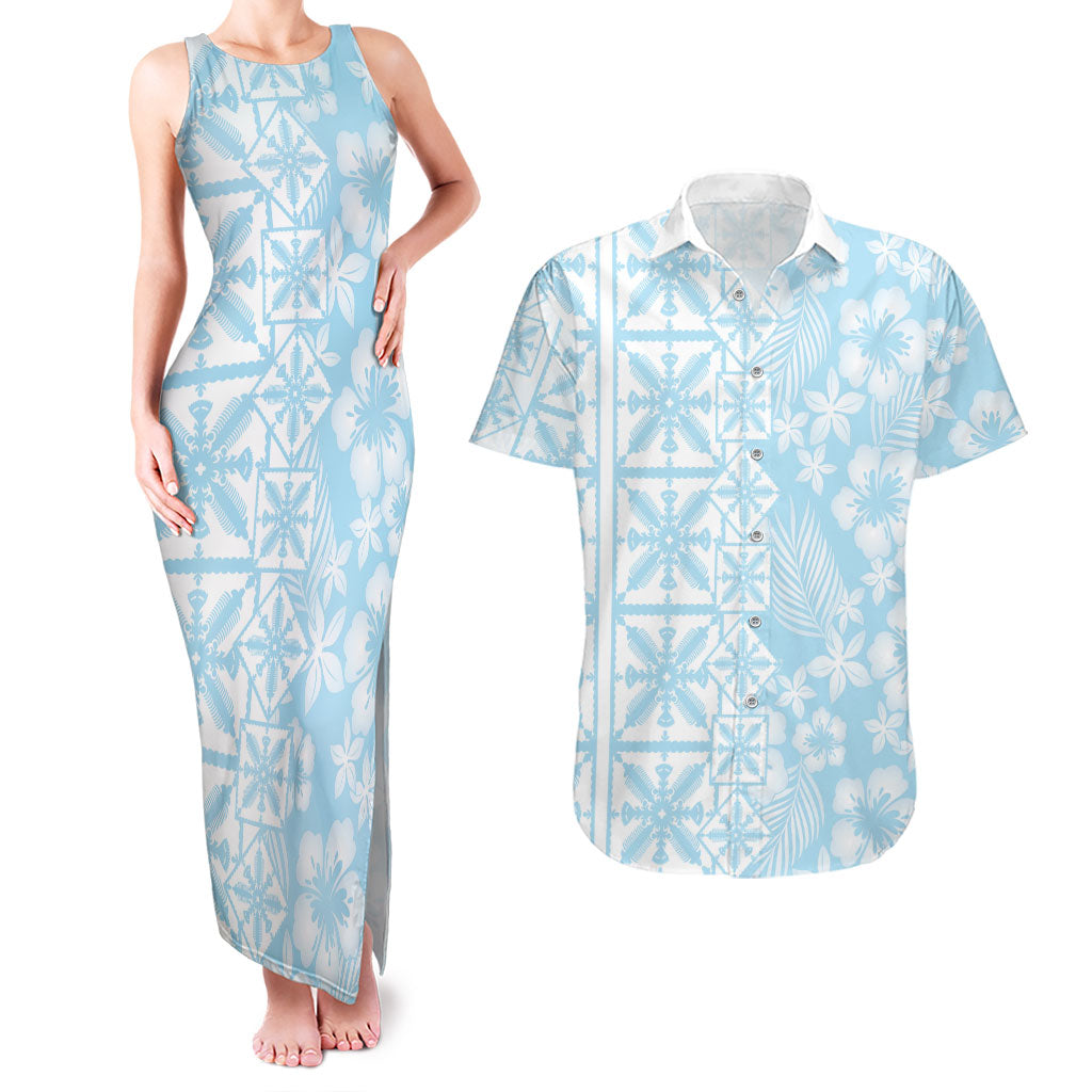 Pastel Blue Kahili Quilt Hawaii Couples Matching Tank Maxi Dress and Hawaiian Shirt Tropical Flower Seamless Half Style