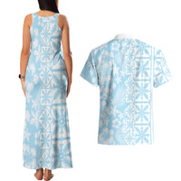 Pastel Blue Kahili Quilt Hawaii Couples Matching Tank Maxi Dress and Hawaiian Shirt Tropical Flower Seamless Half Style