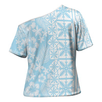 Pastel Blue Kahili Quilt Hawaii Cross Shoulder Shirt Tropical Flower Seamless Half Style