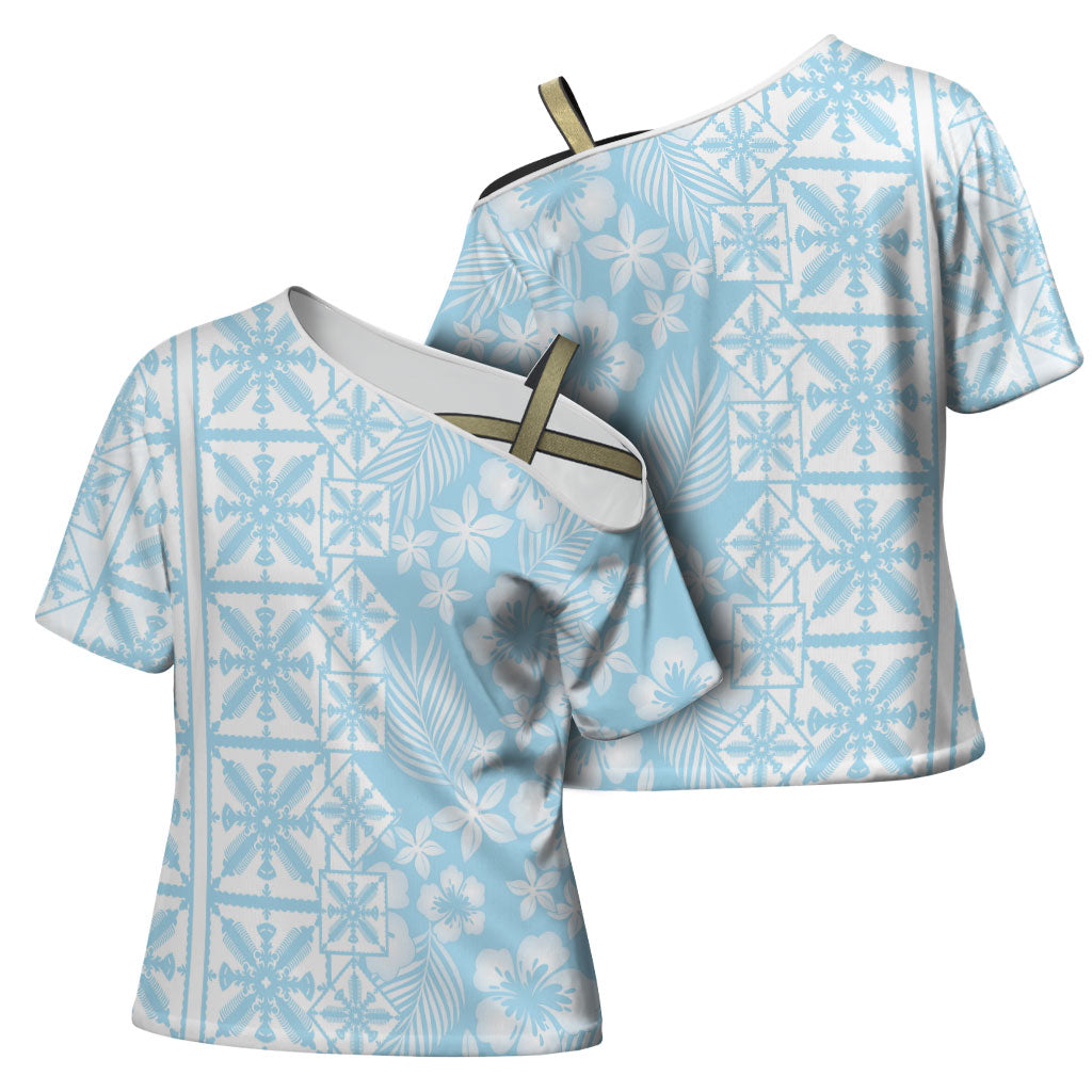 Pastel Blue Kahili Quilt Hawaii Cross Shoulder Shirt Tropical Flower Seamless Half Style