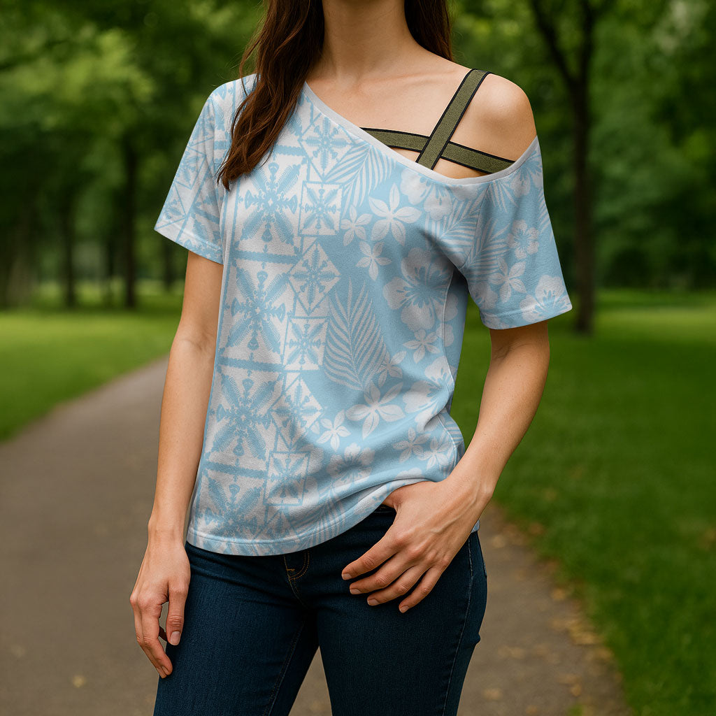 Pastel Blue Kahili Quilt Hawaii Cross Shoulder Shirt Tropical Flower Seamless Half Style