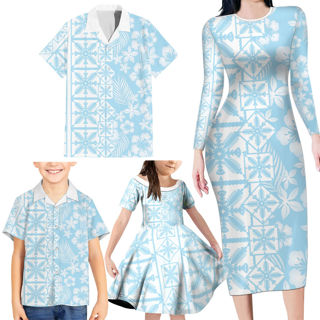 Pastel Blue Kahili Quilt Hawaii Family Matching Long Sleeve Bodycon Dress and Hawaiian Shirt Tropical Flower Seamless Half Style