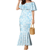Pastel Blue Kahili Quilt Hawaii Family Matching Mermaid Dress and Hawaiian Shirt Tropical Flower Seamless Half Style