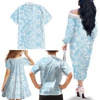 Pastel Blue Kahili Quilt Hawaii Family Matching Off The Shoulder Long Sleeve Dress and Hawaiian Shirt Tropical Flower Seamless Half Style