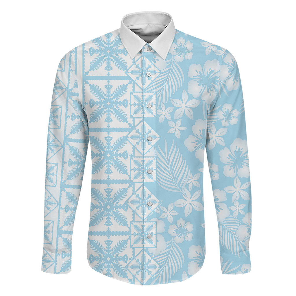 Pastel Blue Kahili Quilt Hawaii Family Matching Off The Shoulder Long Sleeve Dress and Hawaiian Shirt Tropical Flower Seamless Half Style