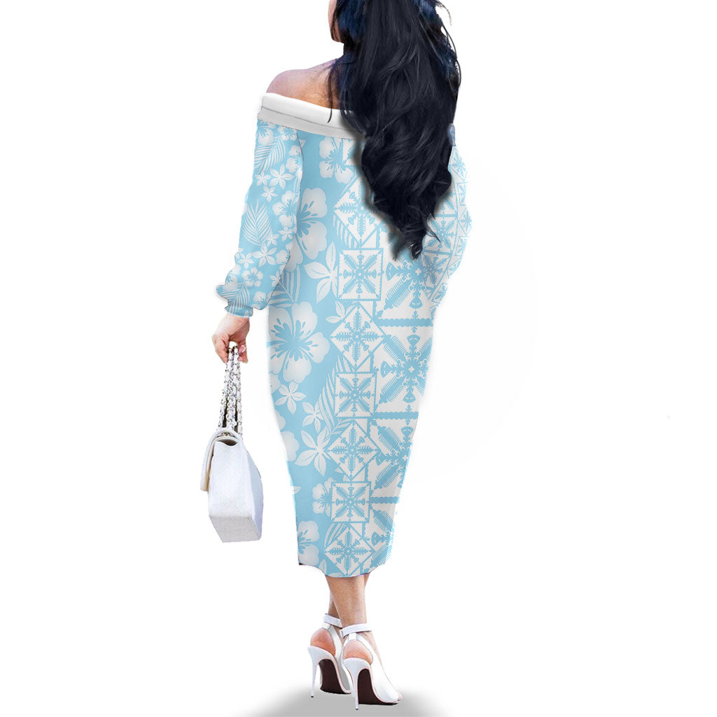 Pastel Blue Kahili Quilt Hawaii Family Matching Off The Shoulder Long Sleeve Dress and Hawaiian Shirt Tropical Flower Seamless Half Style