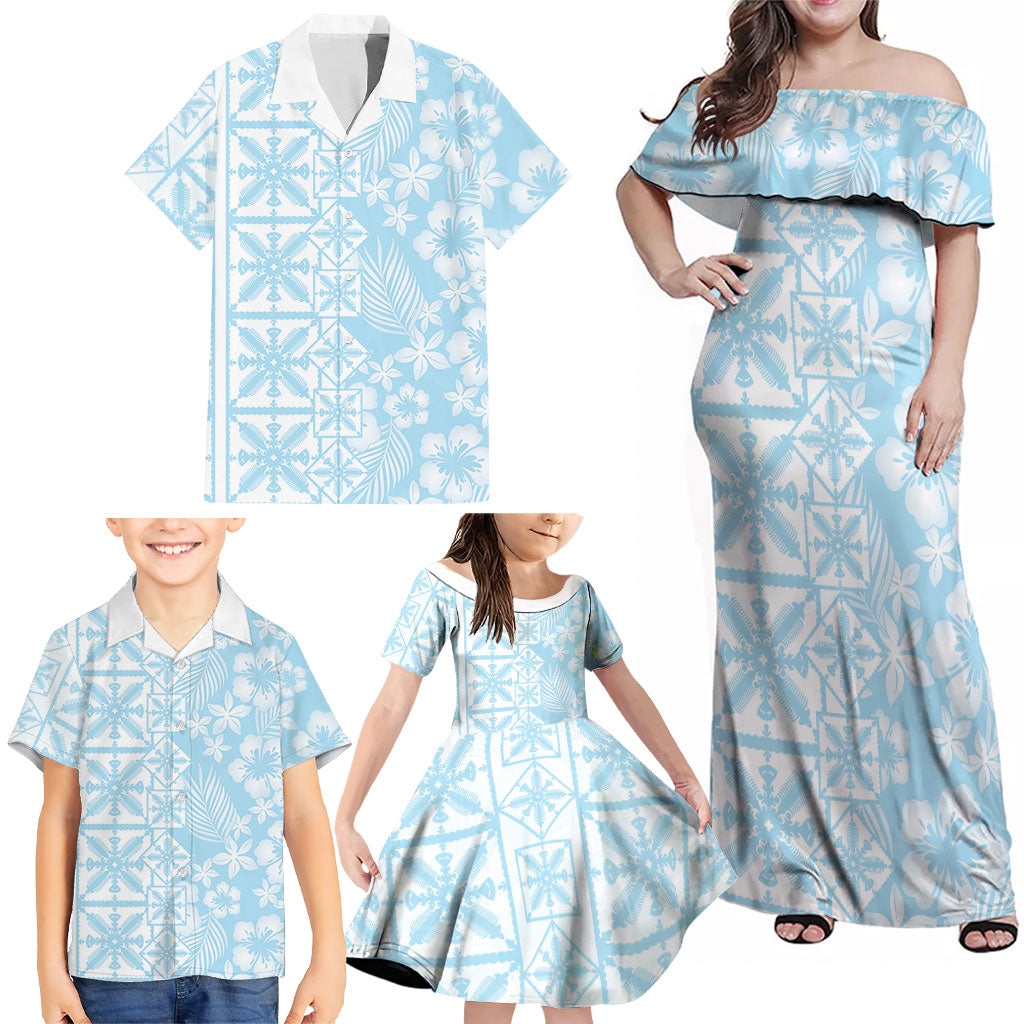 Pastel Blue Kahili Quilt Hawaii Family Matching Off Shoulder Maxi Dress and Hawaiian Shirt Tropical Flower Seamless Half Style