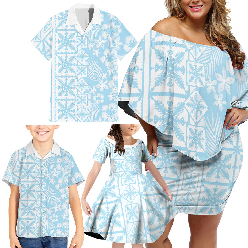 Pastel Blue Kahili Quilt Hawaii Family Matching Off Shoulder Short Dress and Hawaiian Shirt Tropical Flower Seamless Half Style