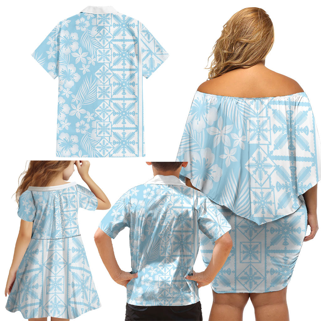 Pastel Blue Kahili Quilt Hawaii Family Matching Off Shoulder Short Dress and Hawaiian Shirt Tropical Flower Seamless Half Style
