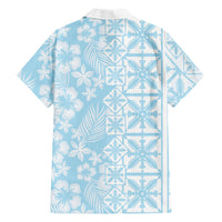 Pastel Blue Kahili Quilt Hawaii Family Matching Off Shoulder Short Dress and Hawaiian Shirt Tropical Flower Seamless Half Style