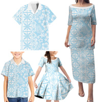 Pastel Blue Kahili Quilt Hawaii Family Matching Puletasi and Hawaiian Shirt Tropical Flower Seamless Half Style