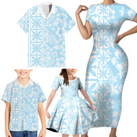 Pastel Blue Kahili Quilt Hawaii Family Matching Short Sleeve Bodycon Dress and Hawaiian Shirt Tropical Flower Seamless Half Style