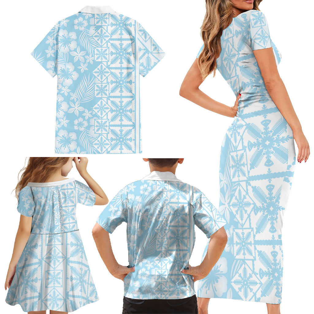 Pastel Blue Kahili Quilt Hawaii Family Matching Short Sleeve Bodycon Dress and Hawaiian Shirt Tropical Flower Seamless Half Style