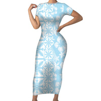 Pastel Blue Kahili Quilt Hawaii Family Matching Short Sleeve Bodycon Dress and Hawaiian Shirt Tropical Flower Seamless Half Style