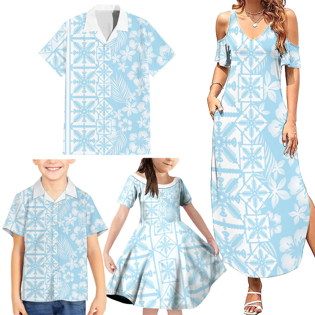 Pastel Blue Kahili Quilt Hawaii Family Matching Summer Maxi Dress and Hawaiian Shirt Tropical Flower Seamless Half Style
